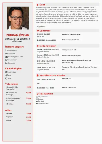 Metalürji Ve Malzeme Mühendisliği Cv Örnekleri cv indir